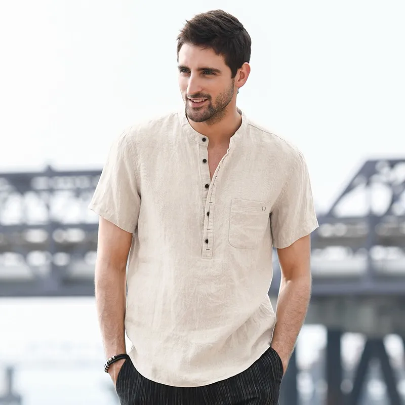 

Fashion Summer Mens Tops Casual Loose Fit Short Sleeve Stand Collar Pullover Linen Shirts Vintage Simple Solid Color Men Shirt