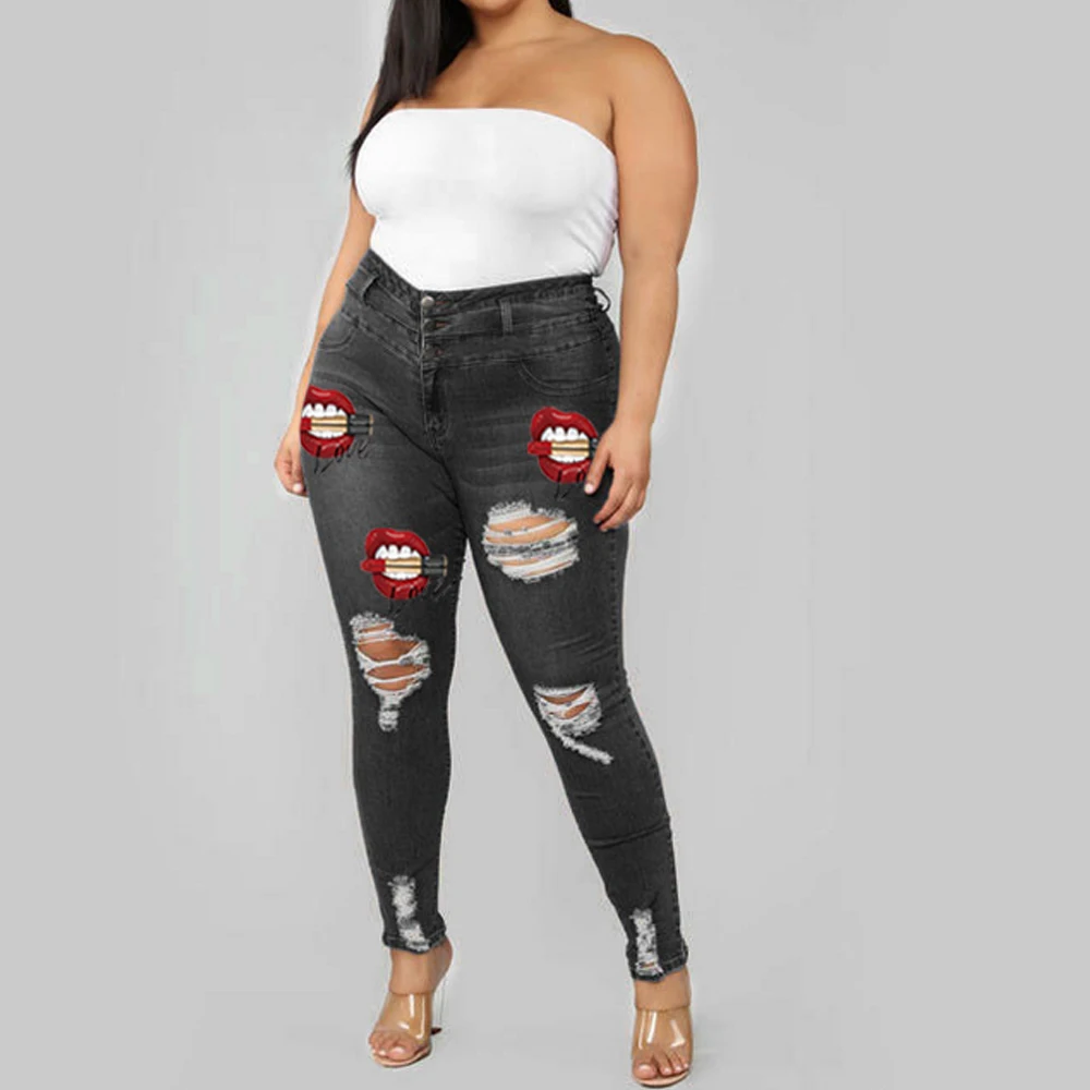 

2020 New High Waist Plus Size Jeans For Women Fashion Red Lips Printed Ripped Denim Pencil Pants Elastic Casual Trousers L-5XL
