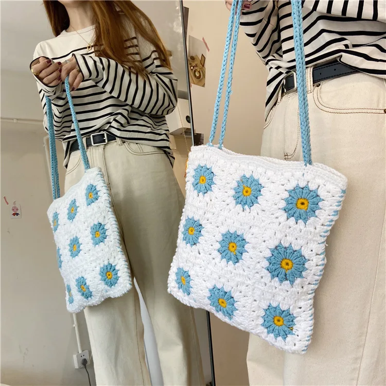 

Female Floral Crochet Top-handle Bag Handmade Teenager Korean Fashion Woolen Knitting Sweet Cute Vintage Shabby Chic Handbag