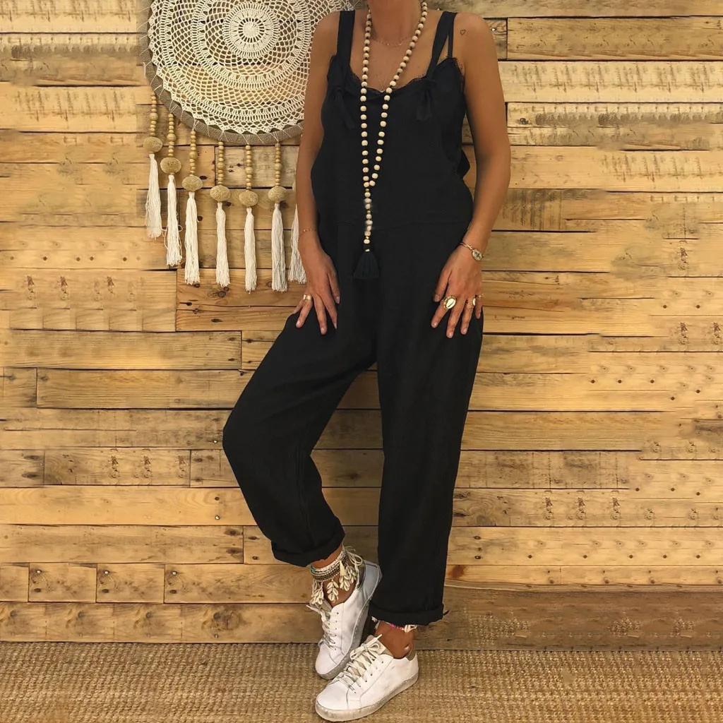 Комбинезон женский больших размеров модный летний комбинезон из льна в стиле кежуал с широким кроем цельнокроеный комбинезон однотонный.