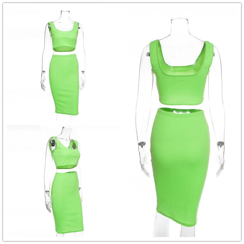 womens two piece sets 2019 summer crop top and skirt set white neon green matching clothes plus size fashions outfit S6949 | Женская