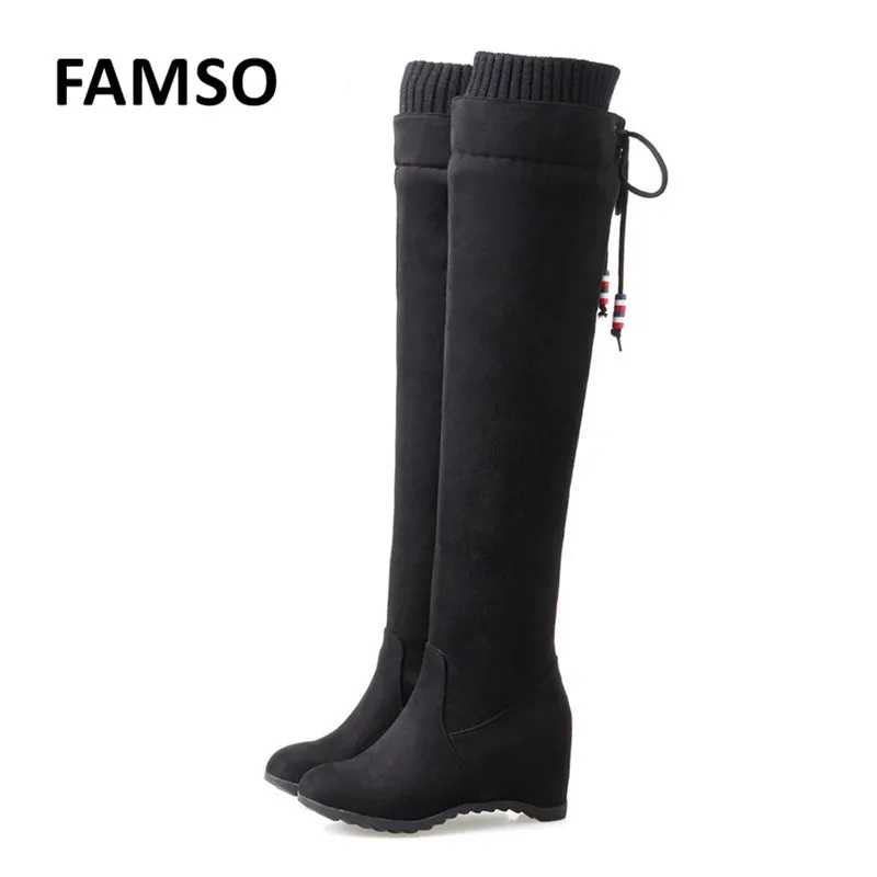 

New Fashion Knitting Thigh High Long Boots Women Hidden Height Increasing Wedge Shoes High Heel Boots Winter Woman Long Boots