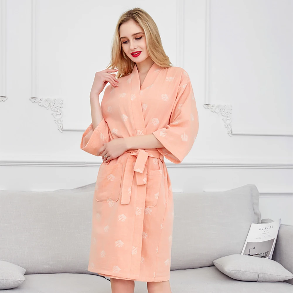 Spring Summer 100% Cotton Women Robe Double Gauze Kimono Breathable Absorbent Fashion Crown Print Night Dress Cosmetic Bathrobe
