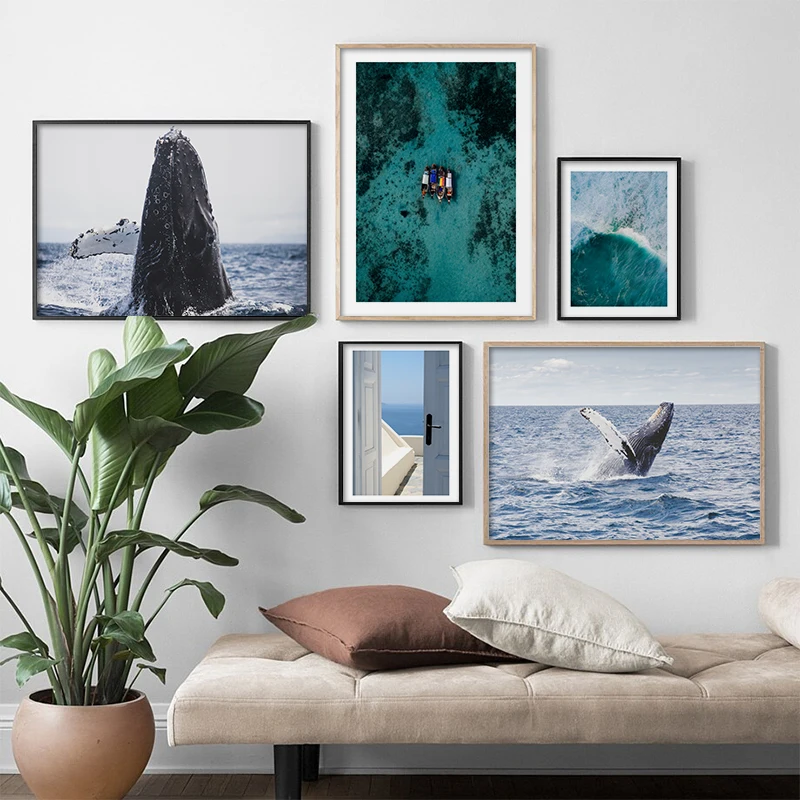 

Scandinavia Seascape Poster Whale Nordic Canvas Painting Swimming Vacation Beach Wall Art Picture for Bedroom Living Room Decor