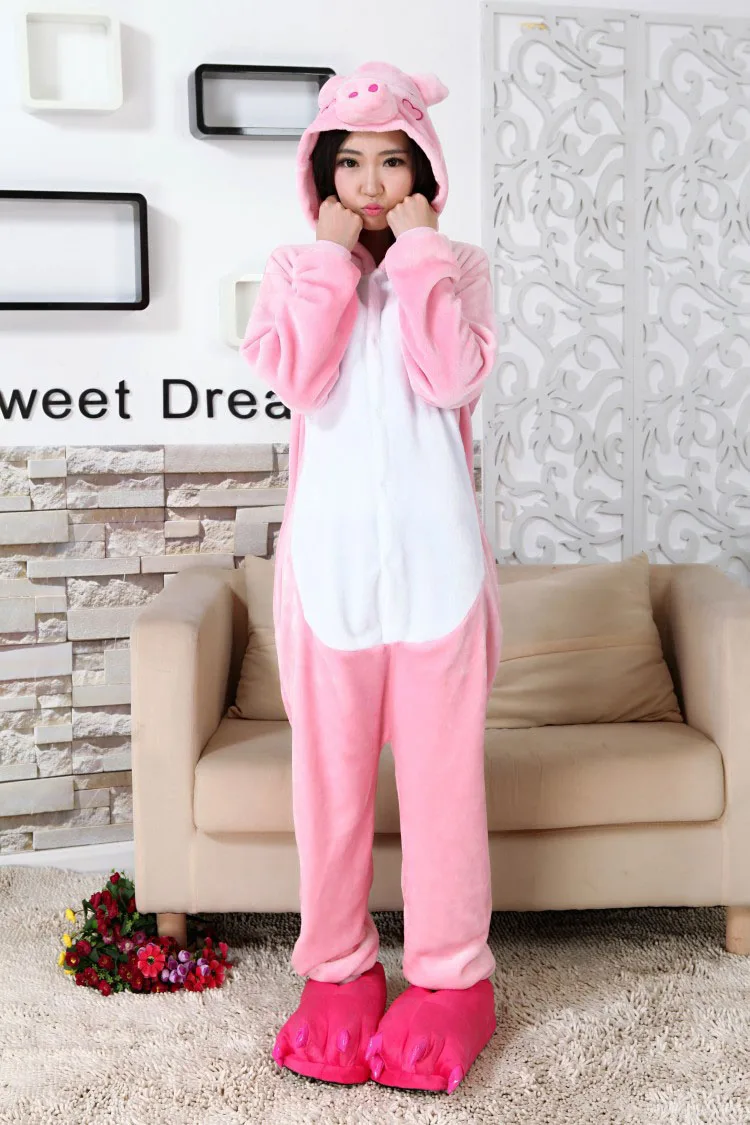 Kigurumi Women's Pajamas Free Shipping Pink Pig Flannel Clothing Warm Onesie Soft Overalls Girl Funny Cosplay Jumpsuits