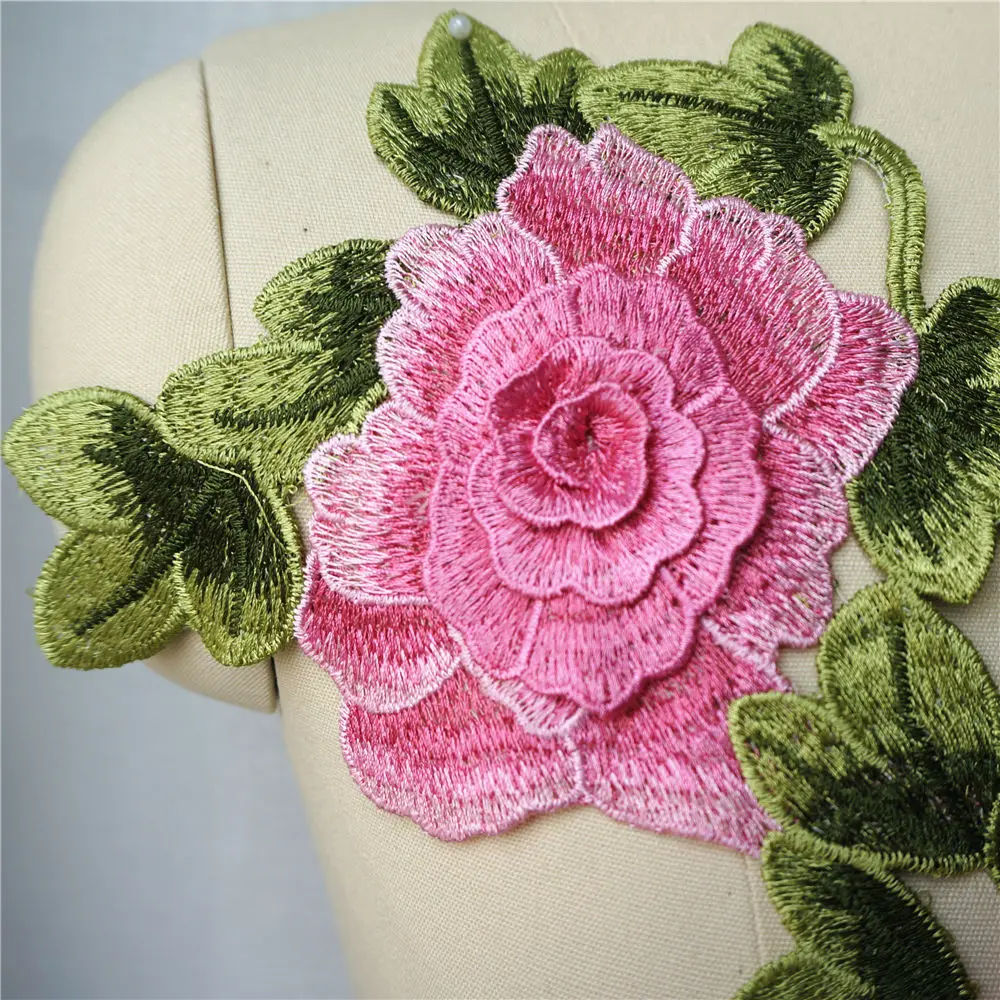 Розовая вышитая 3D Цветочная аппликация в виде листьев кружевной тканевый