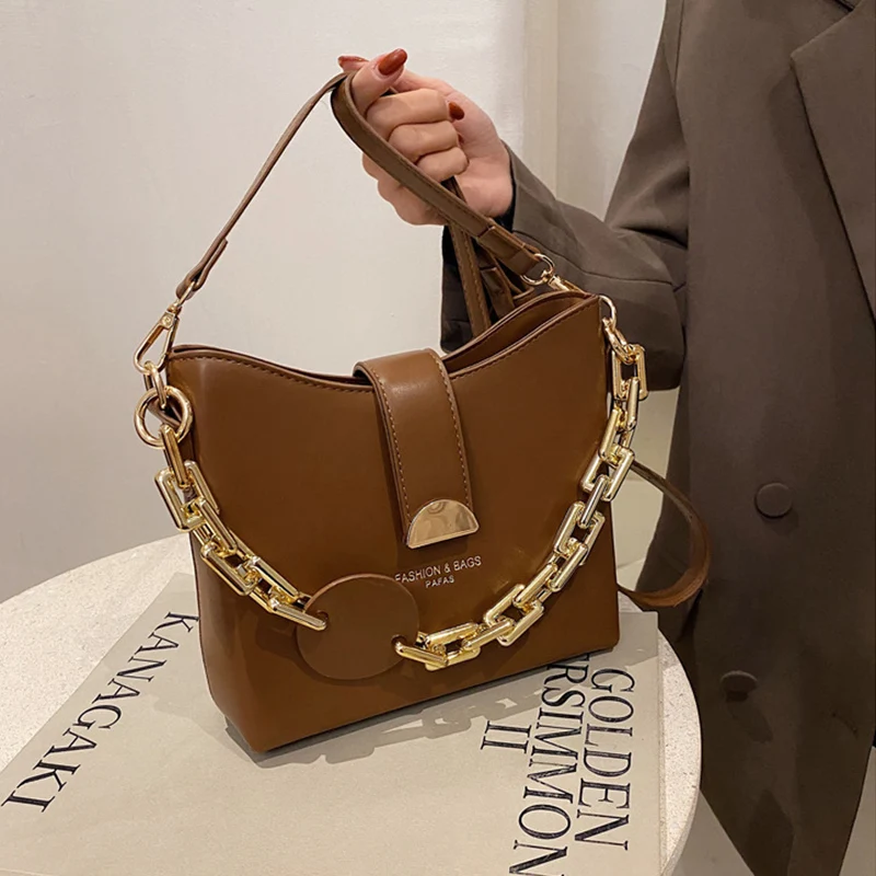 

Bags for Women 2021 New Lock Chain Design Small Simple High Quality Leather Bucket Bag Luxury Handbags Female Crossbody bolsa