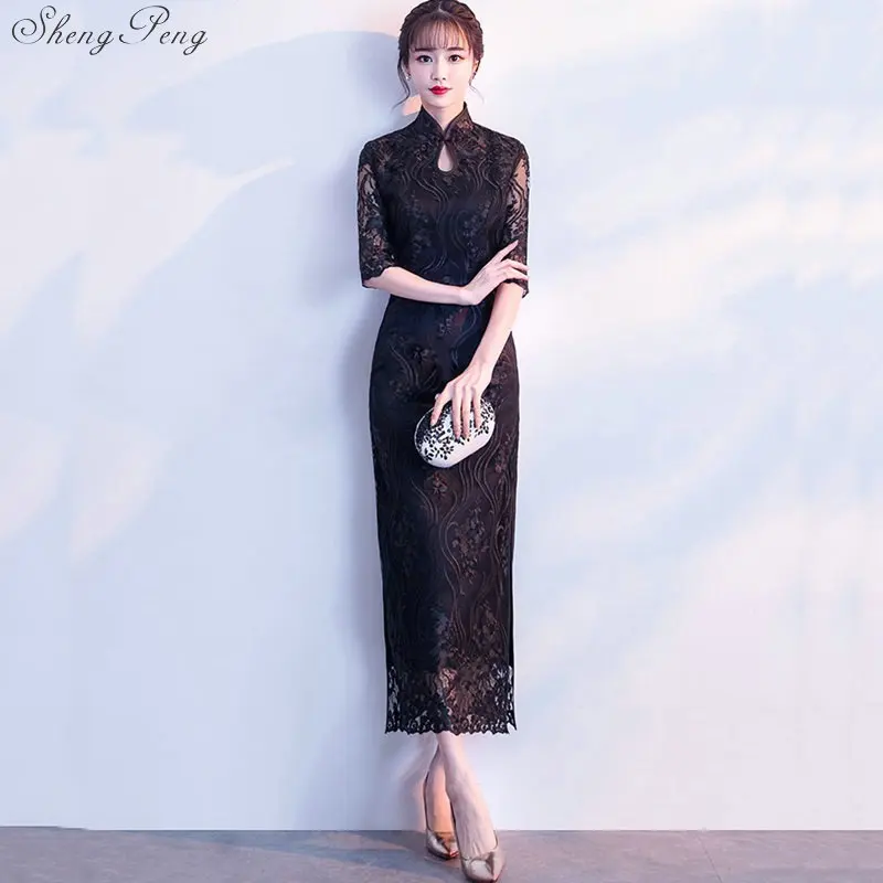 Модное черное элегантное платье Ципао женские кружевные платья китайские