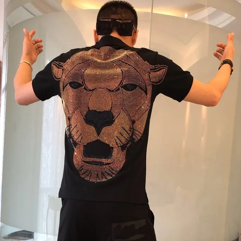 Европейские мужские летние футболки с вышивкой животных и бриллиантами модные