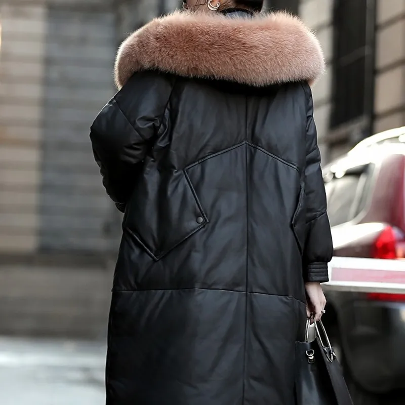 

Quality Loose High Sheepskin Leather Down Jacket Women Long Winter New Fox Fur Collar Hooded Jackets Female Luxury Designer