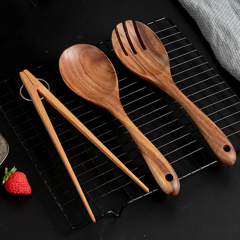 Kitchen Cooking Utensils Large Wooden Spoon Fork Set BBQ Ton