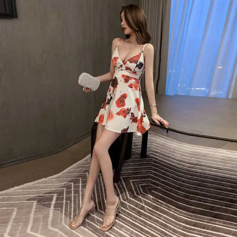 

2021 summer new sexy nightclub bar print suspender jumpsuit skirt