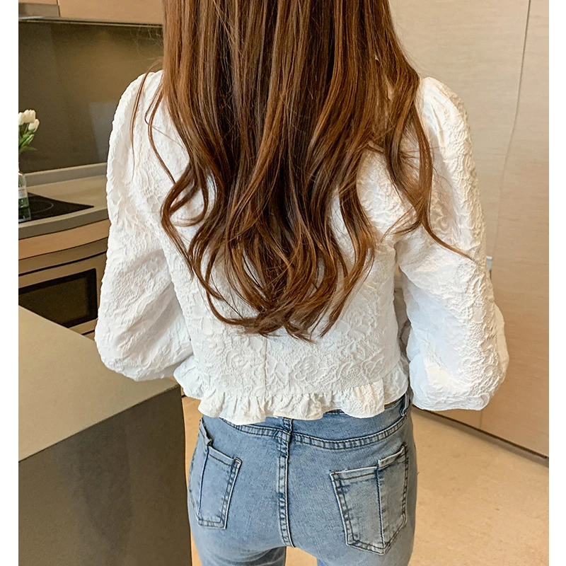 

Vintage Women Floral White Blouse Tops Ladies Puff Sleeve Short Blouse Shirt Female V-neck Office Blouse for Spring Autumn