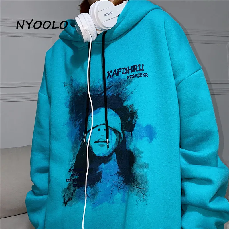 

NYOOLO Hip Hop Street Tie Dye Funeral Portrait Print Long Sleeve Hooded Pullovers Sweatshirt Women Men Winter Thick Warm Hoodies