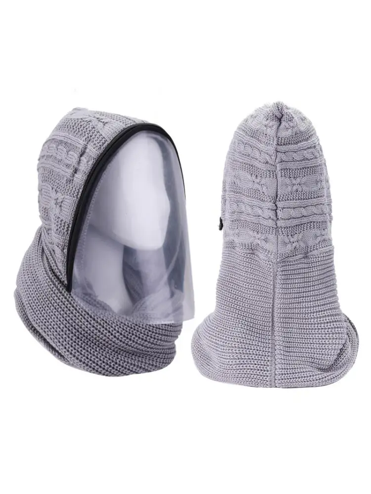 

Unisex Winter Cable Knit Hooded Scarf with Removable Clear Full Face Shield Windproof Protective Earflap Cap Neck Warmer