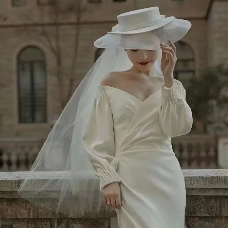 

White Double-layer Satin Women's Top Hat With Bow Bride Sun Hat with Veils Velo de Novia Wedding Party accessoire cheveux