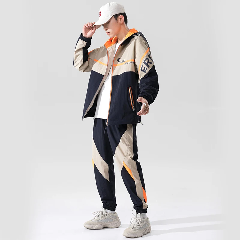 

Men's Tracksuit Set Hooded Loose Jacket+Pants Sportswear Suit Two Piece Male Hip Hop Pocket Workwear For Men Clothing