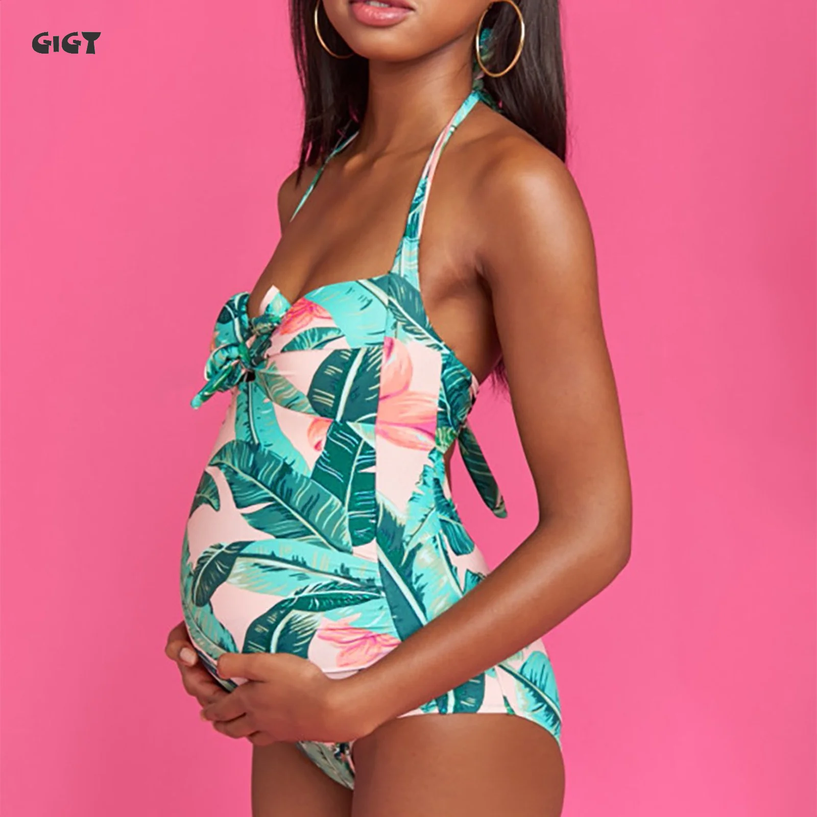 

2021 Fashion Women Swimwear Maternity Suspender Leaf Print Swimsuit Pregnancy One Piece Swimwear Plus Size Bathing Clothign