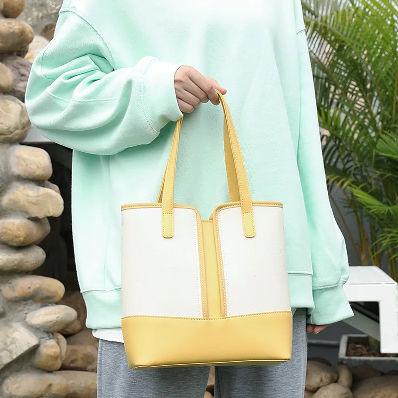 

2021 Leather Canvas Stitching Women Bucket Bags Shoulder Crossbody Bag Large-Capacity Travel Shoulder Bag Lady Tote Handbags