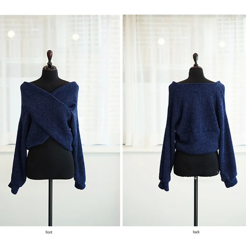 

Knitted Sweater 2021 Winter Spring Women Pullover V-Neck Sexy Off Shoulder Sweater Knitted Stylish Casual Korean Lady Jumpers