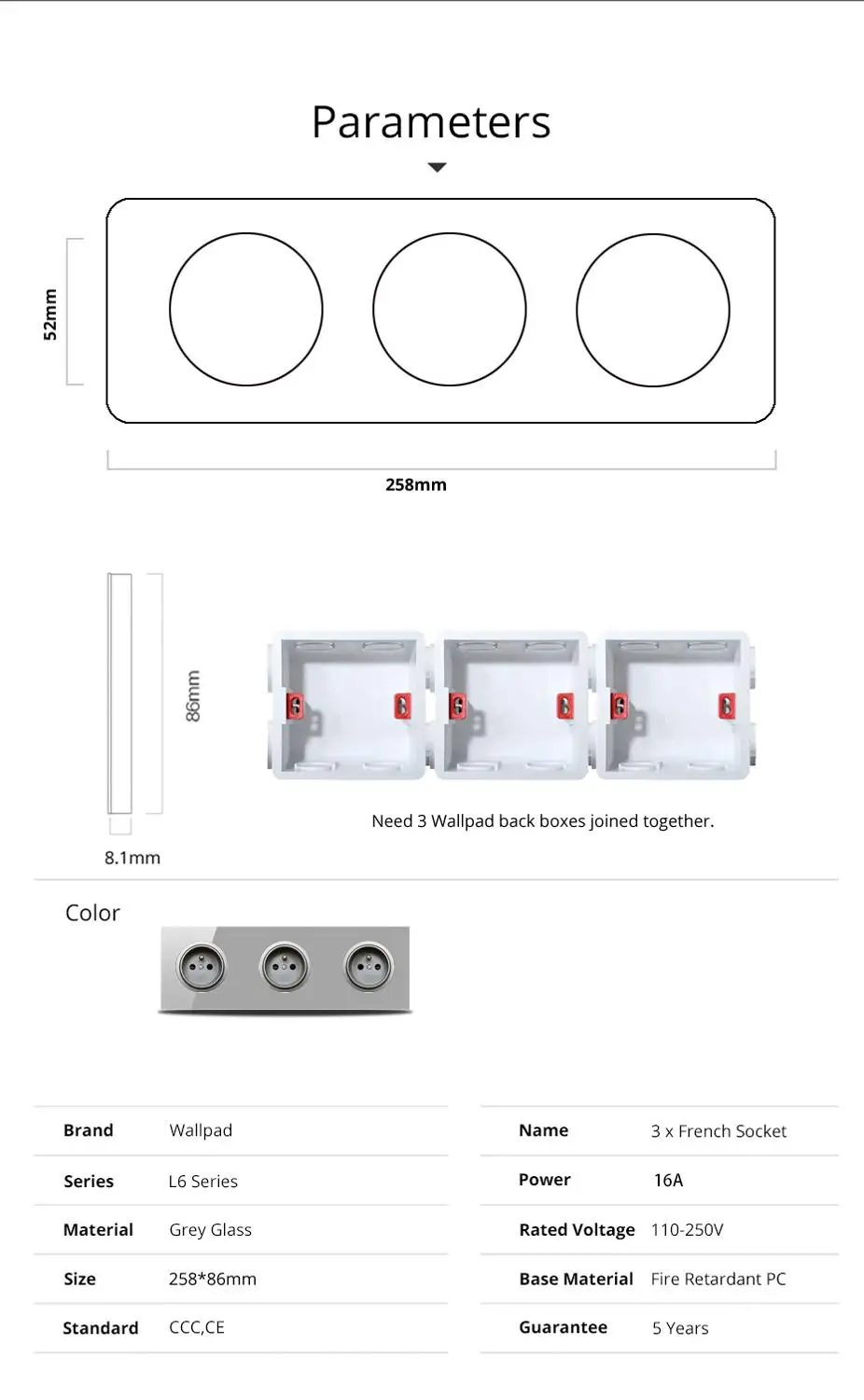 Wallpad L6 тройной 3 Gang Schuko EU Plug Мощность розетка со штифтовым соединением с серый