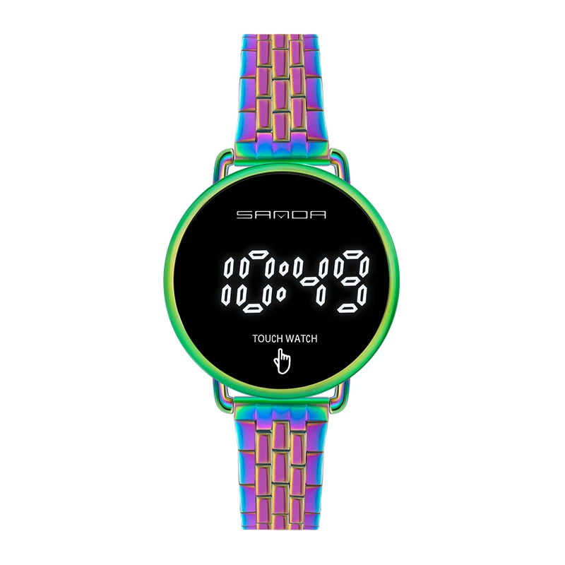 Кварцевые часы SANDA со светодиодным дисплеем цветные из нержавеющей стали модные