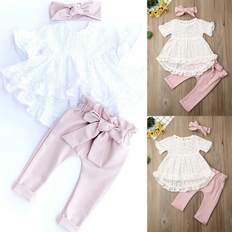 Одежда для новорожденных девочек кружевная футболка топы с вырезом штаны бантом