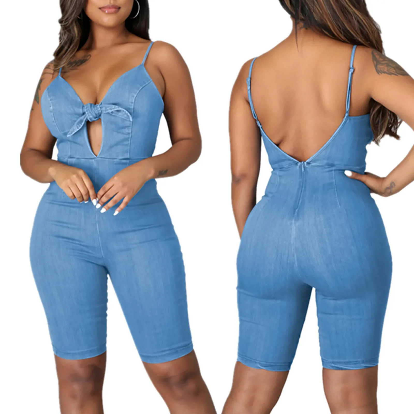 Комбинезон женский джинсовый без рукавов пикантный однотонный Ажурный