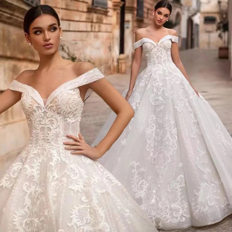 

2021 A-Line Princess Wedding Dress Plus Size Sweetheart Off The Shoulder Bride Dresses Beaded Appliques Lace Up Vestido De Noiva