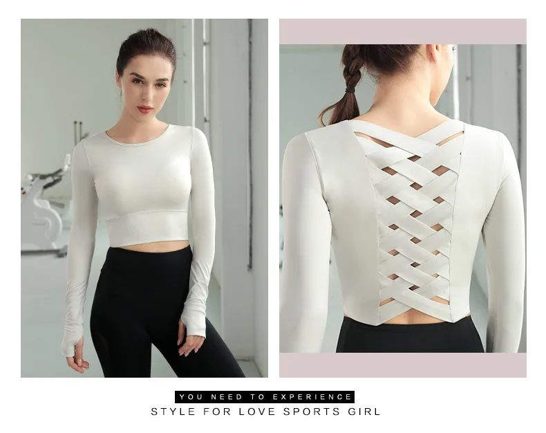 

Long Sleeve Sports Shirts For Women Back Crosss Tights Yoga Tops Quick-Dry Gym Clothing Sportswear Workout Running Sexy Crop Top