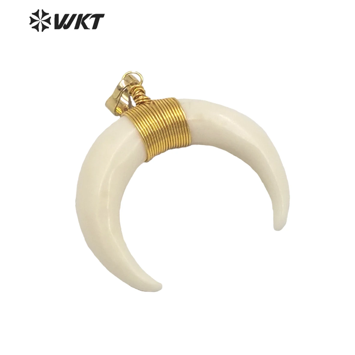 

WT-P517 Wholesale natural raw ox bone horn pendants with gold strim single loop wire wrapped crescent pendant