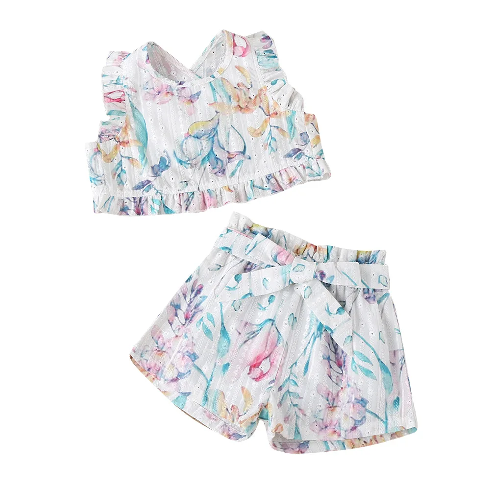 

Kids Baby Girls Summer Sleeveless Print Tops Vest Short Pants Bow Belt Toddler Children Fashion Clothes Sets 2pcs 18M-6Y