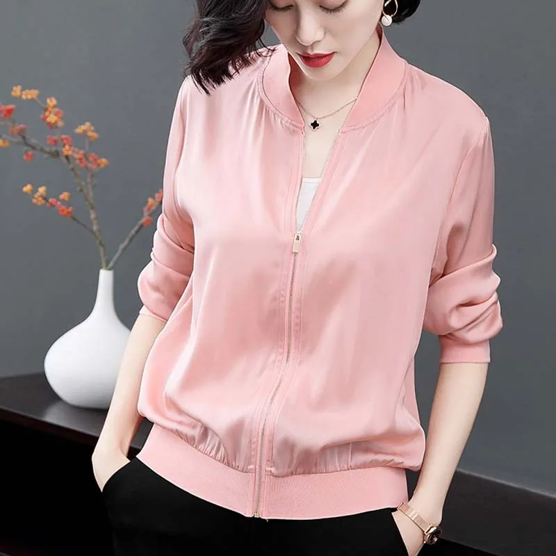 

2020 Spring Jacket Women Fashion Solid Satin Pink Lightweight Coat Manteau Femme Basic Jackets Bomber Slim Outerwear Windbreaker