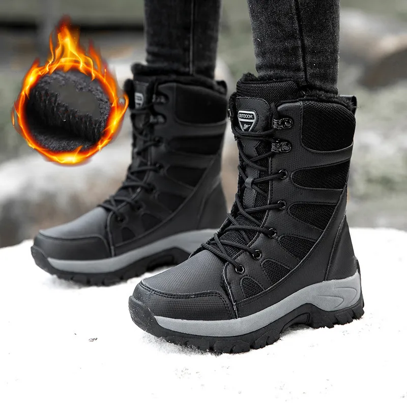 Winter Warm Plush Men Women Hiking Boots Couple Combat Shoes Men Fashion Black Plus Size 46 Leather Snow Boots Women Botas Mujer
