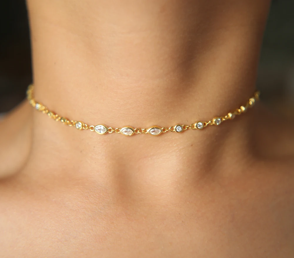 Чокер Bling bling 925 с фианитами Женский ожерелье золотого цвета цепочка камнем под