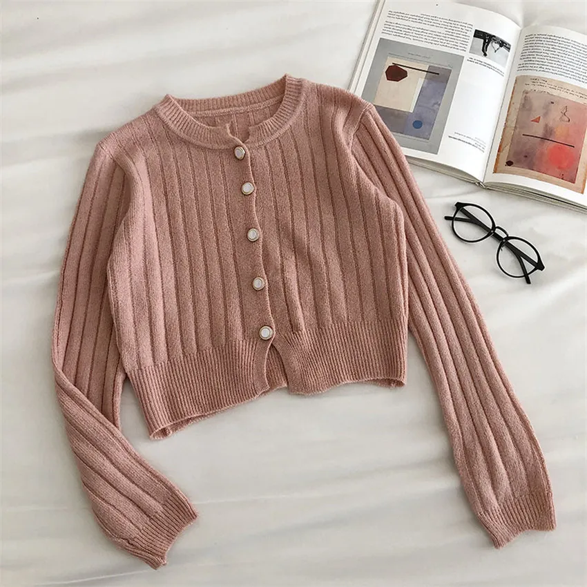 Korean Fashion Chic Solid Elegant Sweater Cardigan Women O-Neck Knitted Coat Short Outwear Cropped |