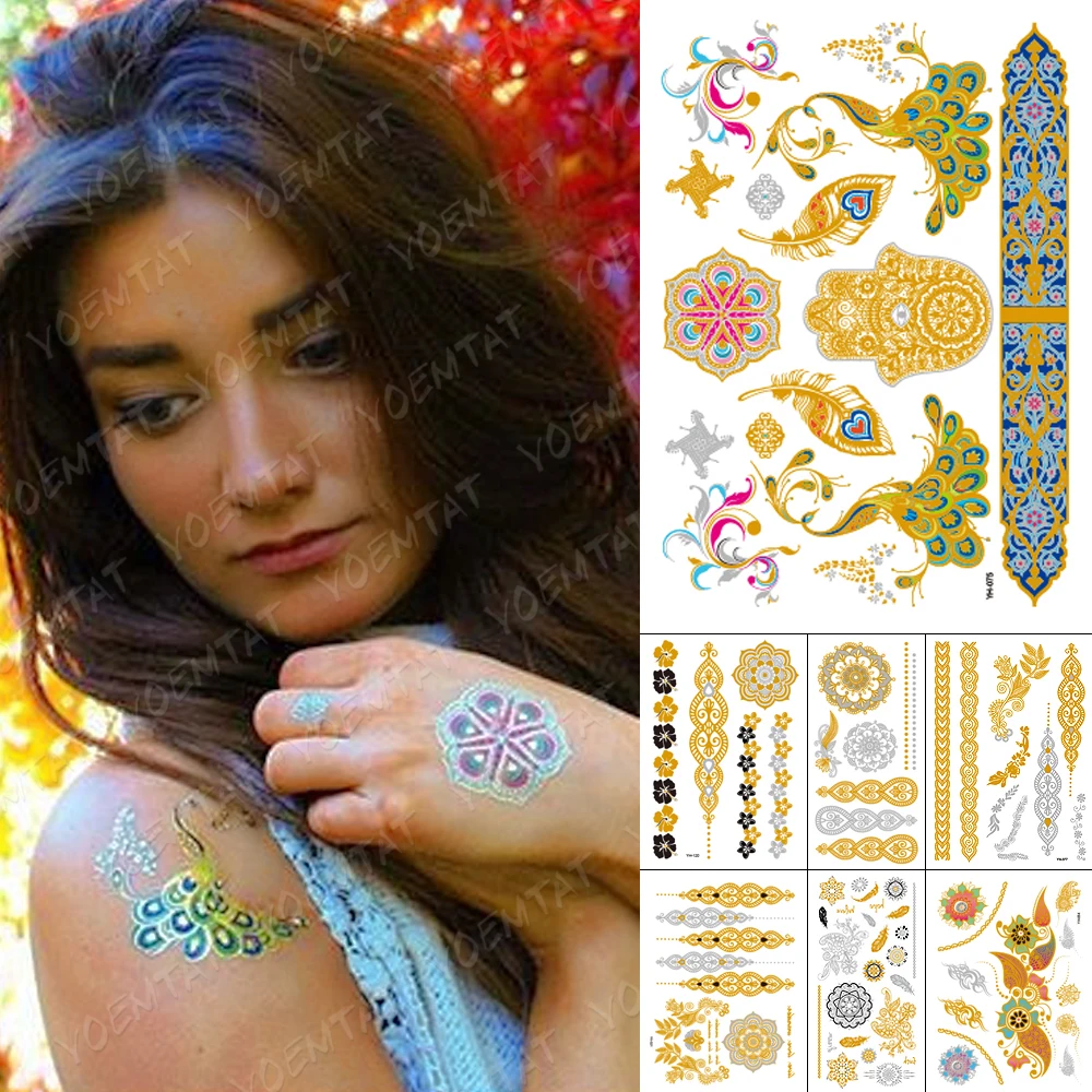 

Waterproof Temporary Tattoo Sticker Peacock Henna Mandala Gold Silver Metallic Flash Tatoo Boho Jewelry Glitter Body Art