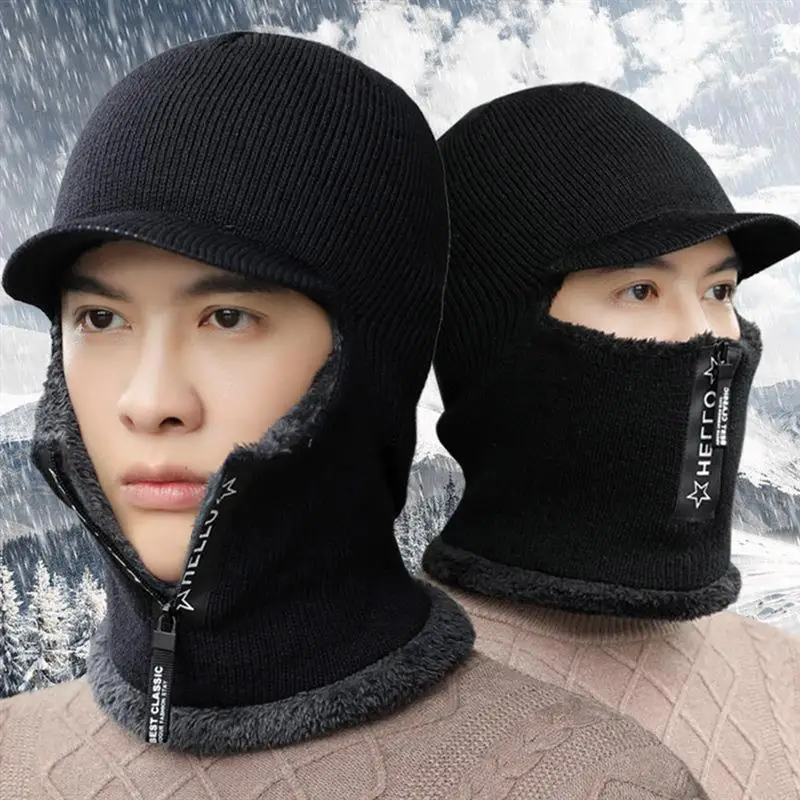 

Knitted Hat With Zipper Add Fur Lined Warm Brim Winter Hats For Men Cycling Winter Neck Face Ear Thermal Balaclava Cap Scarf