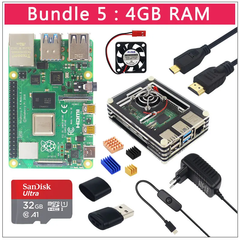 4GB RAM UK Raspberry Pi 4 модели B 1/2/4GB Оперативная память BCM2711 вариант Чехол | SD картой памяти на 32 Гб | переключатель Мощность | Micro HDMI | 9 Слои Чехол | вентилятор - Комплект: 4GB RAM