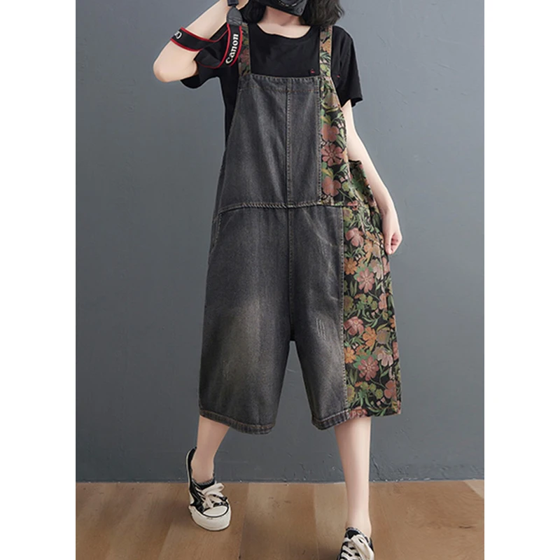 

Max LuLu 2021 Summer Fashion Women Floral Vintage Black Denim Overalls Ladies Casual Printed Jeans Girl Punk Trousers Plus Size