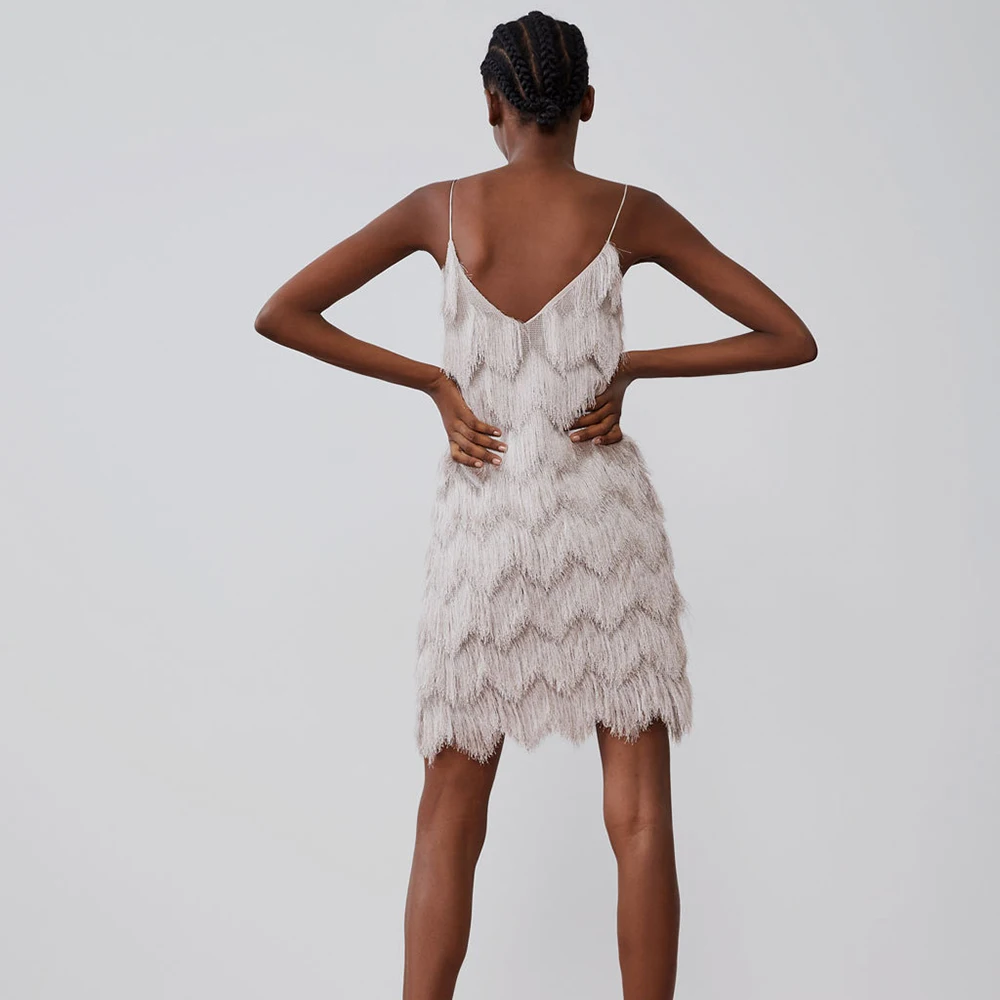 2019 осеннее женское платье с кисточками на подтяжках белое темпераментное