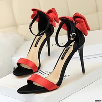 2022 fashion sweet high heeled shoes womens stiletto heel high heel satin patchwork color lace bow back sandals