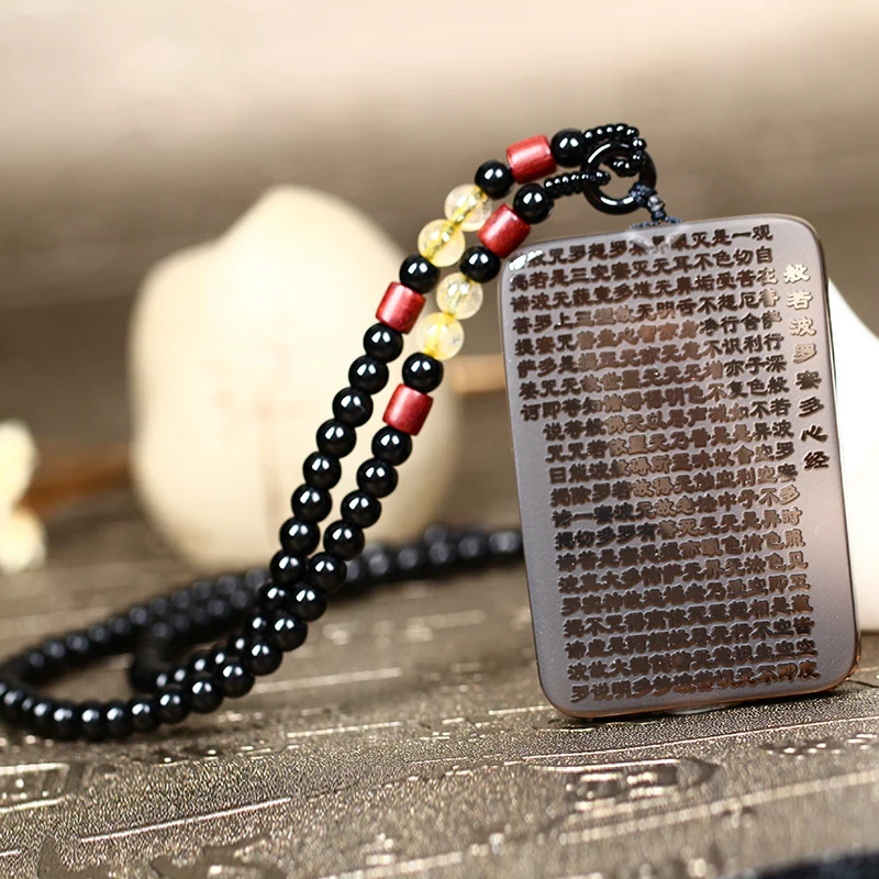 

LETSFUN Fine Jewelry Natural Ice Obsidian Scripture Square Card Pendant Carving Handmade Women Mens Gemstone Necklace