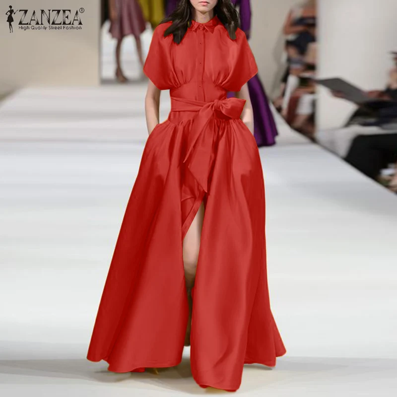 

Summer Elegant Short Sleeve Shirt Dress Women Casual Vintage Satin Dress ZANZEA Holiday Party Button Kaftan Oversize Female Robe