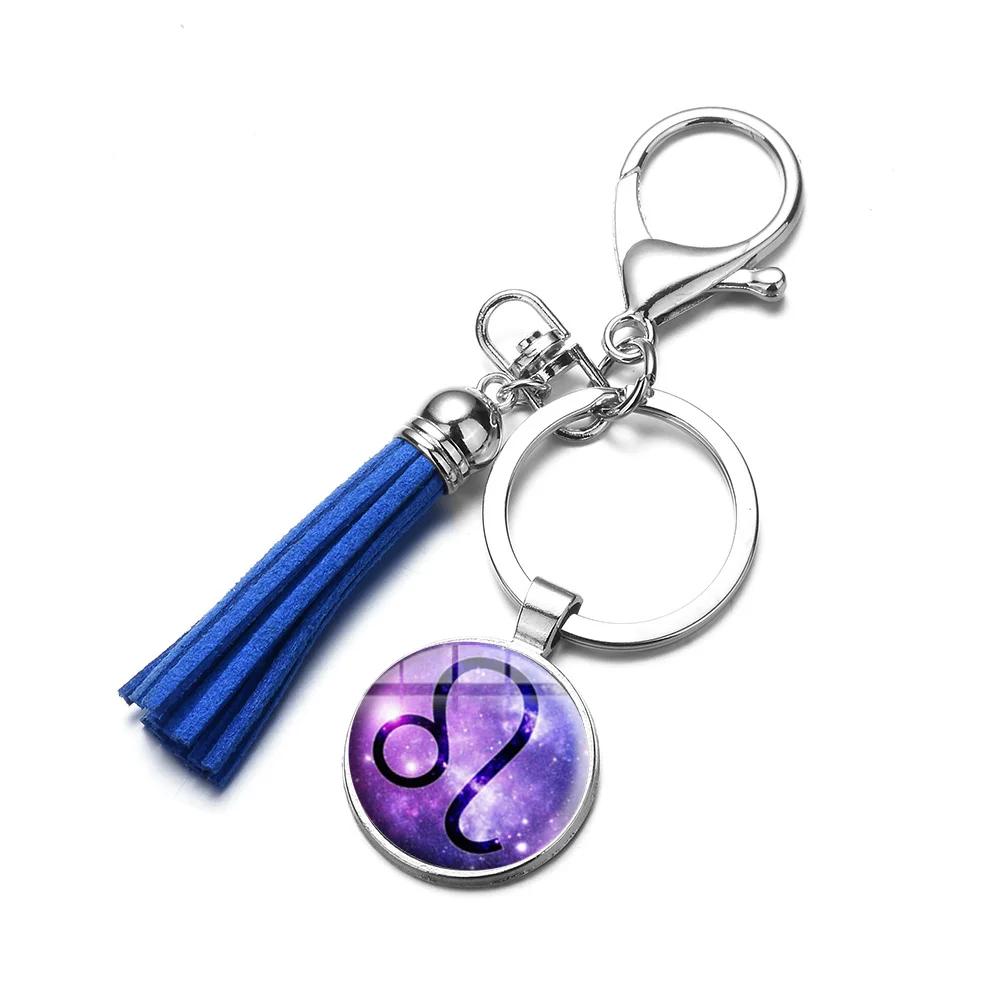 12 созвездий брелок Знаки зодиака кольца для ключей многоцветная кожа кисточка
