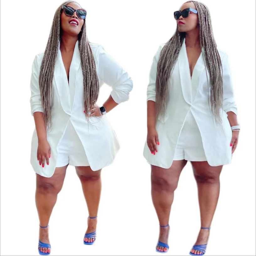 

Женский повседневный комплект из двух предметов, модный однотонный костюм с отложным воротником на одной пуговице и шортами с высокой тали...