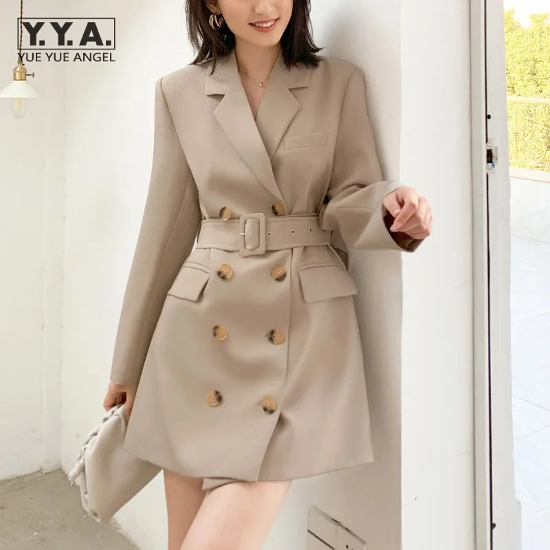 

Women Suit Jacket Double Breasted Office Lady Elegant Khaki Blazer Coat Sashes TurnDown Collar Long Sleeve Autumn Casual Blazers