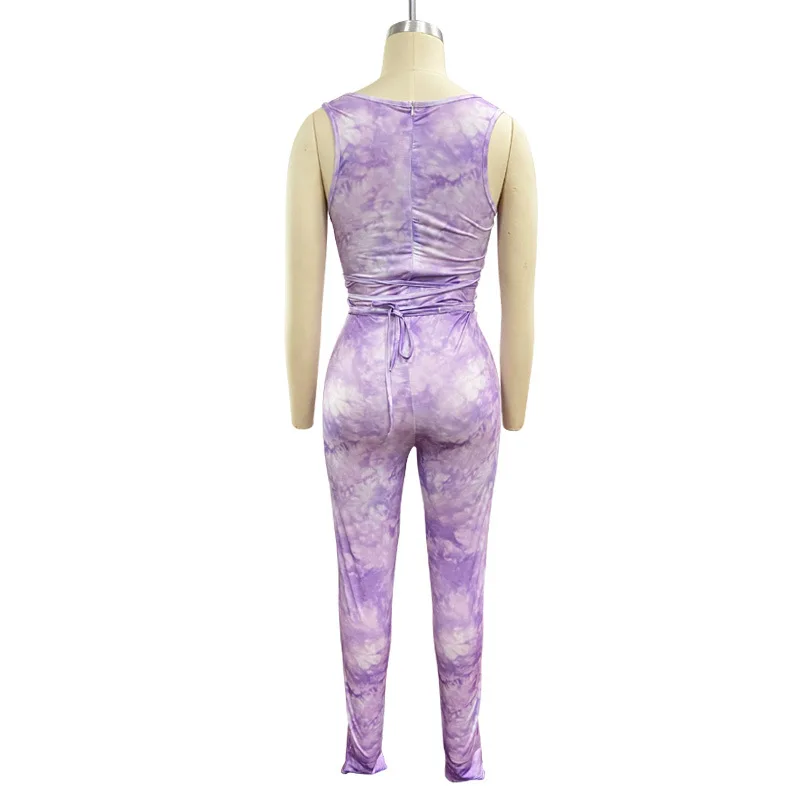 

European new tie dye printing night club Jumpsuit summer fashion slim deep V-neck sleeveless women's Vest pants