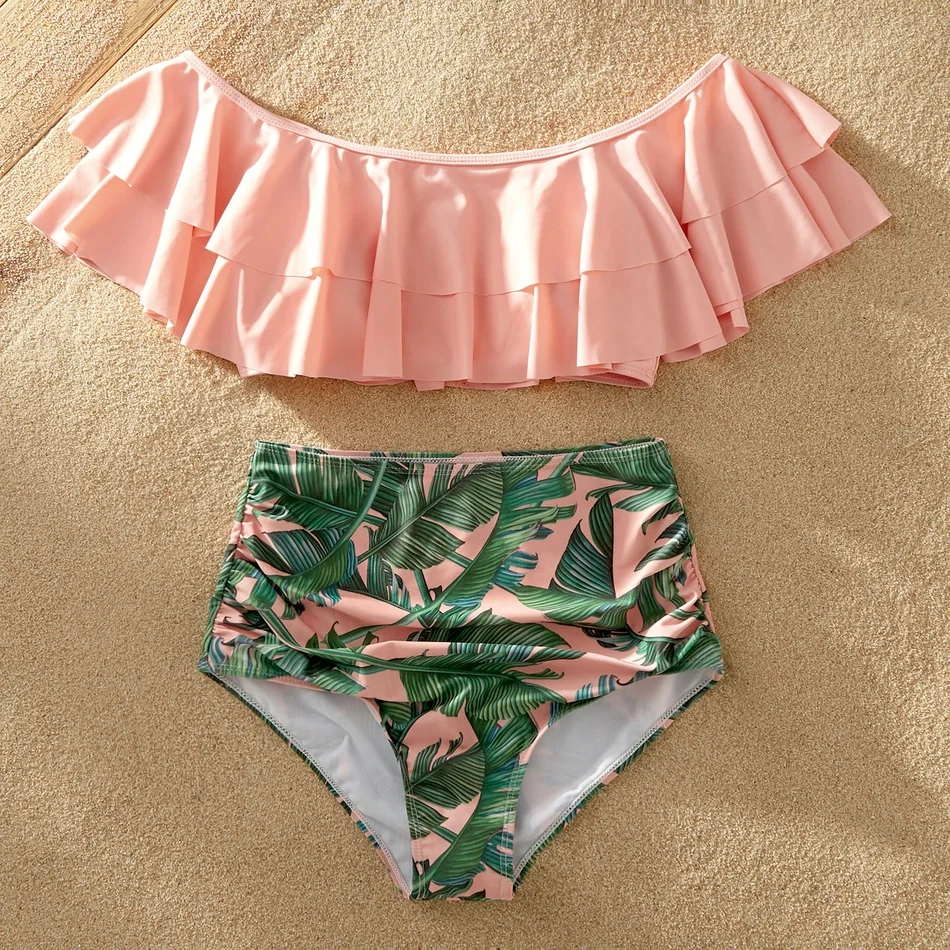 Summer Mosaic Off-shoulder Flounce Leaf Print Matching Swimsuits Family ...
