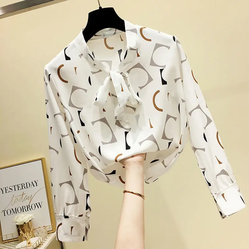 

Women's Chiffon Shirt Spring and Autumn All-Match Fashion Print Top Western Style Elegant Long-Sleeved Blouse